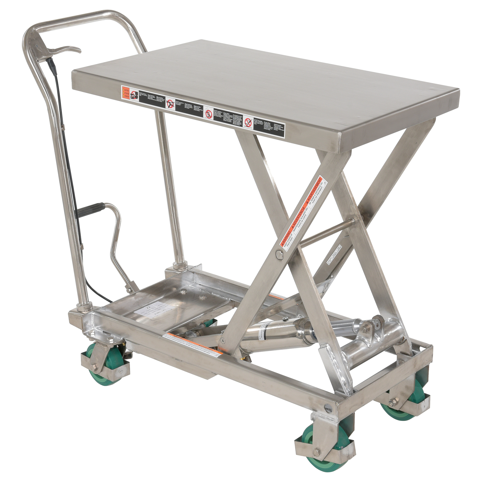 Vestil Stainless Steel Scissor Lift Cart — 32.5in. x 19.375in., 500-Lb. Capacity, Foot-Actuated Hydraulic Pump, Silver, Model# CART-500-SS3